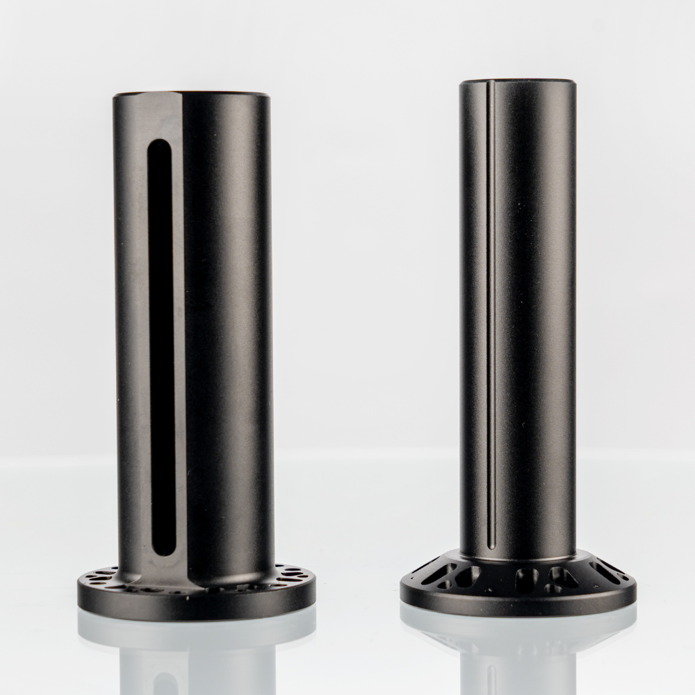 Two black adjustable shaft extensions for Simagic Alpha EVO displayed side by side