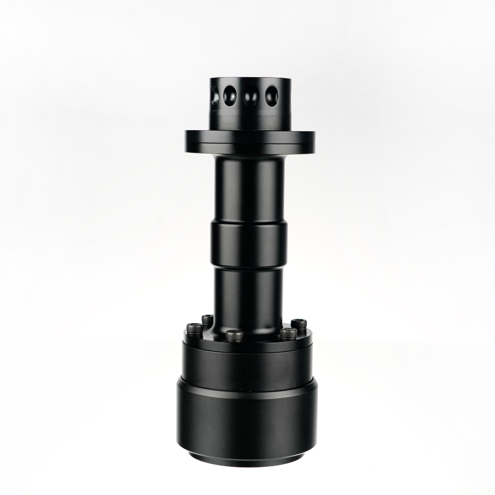 Precision-engineered black metal Shaft Extension for Moza sim racing gear, featuring multiple cylindrical segments, top with circular holes, and bottom with bolt mounts.