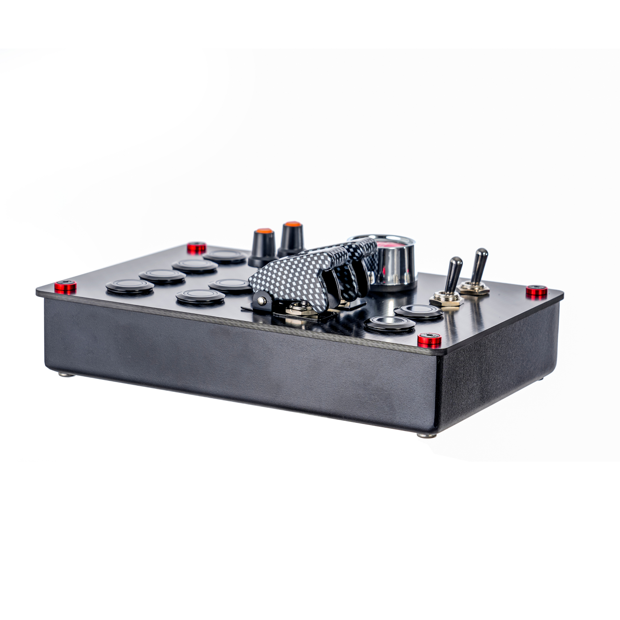 SimNanmu Button Box - Black racing control panel with red accents, checkered components, and multiple buttons for sim racing