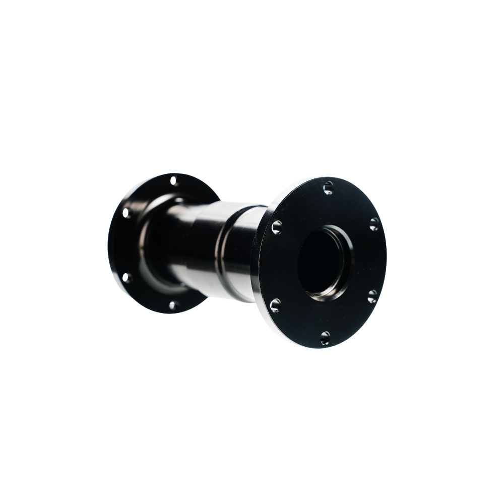 Black metal shaft extension component for Simagic Alpha EVO with dual flanges