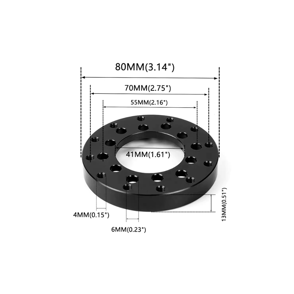 Black metal steering wheel adapter for Moza with measurement labels, sim racing accessory