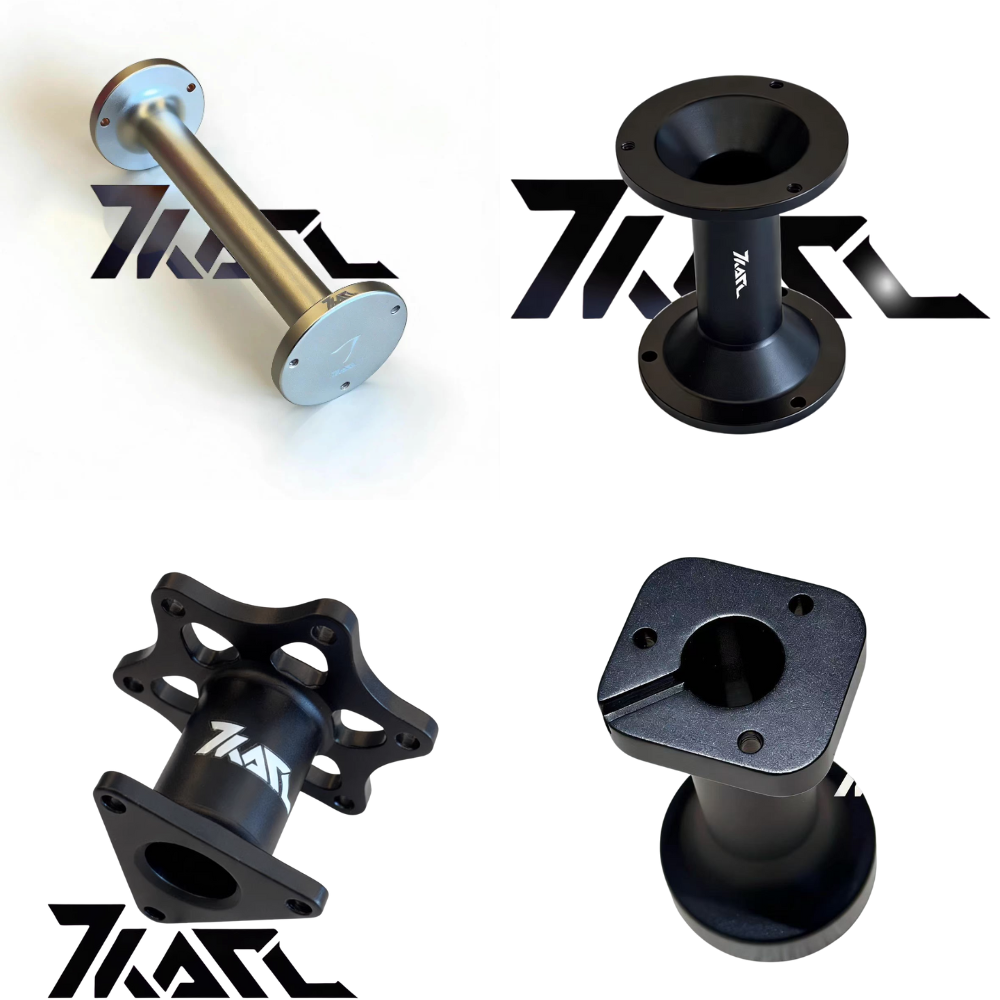 Bespoke metal sim racing hubs with ZKRL logo, designed for sim setups
