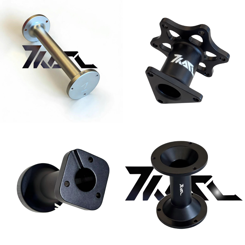 Custom sim racing components by ZARL - aluminum and black designs for sim setups