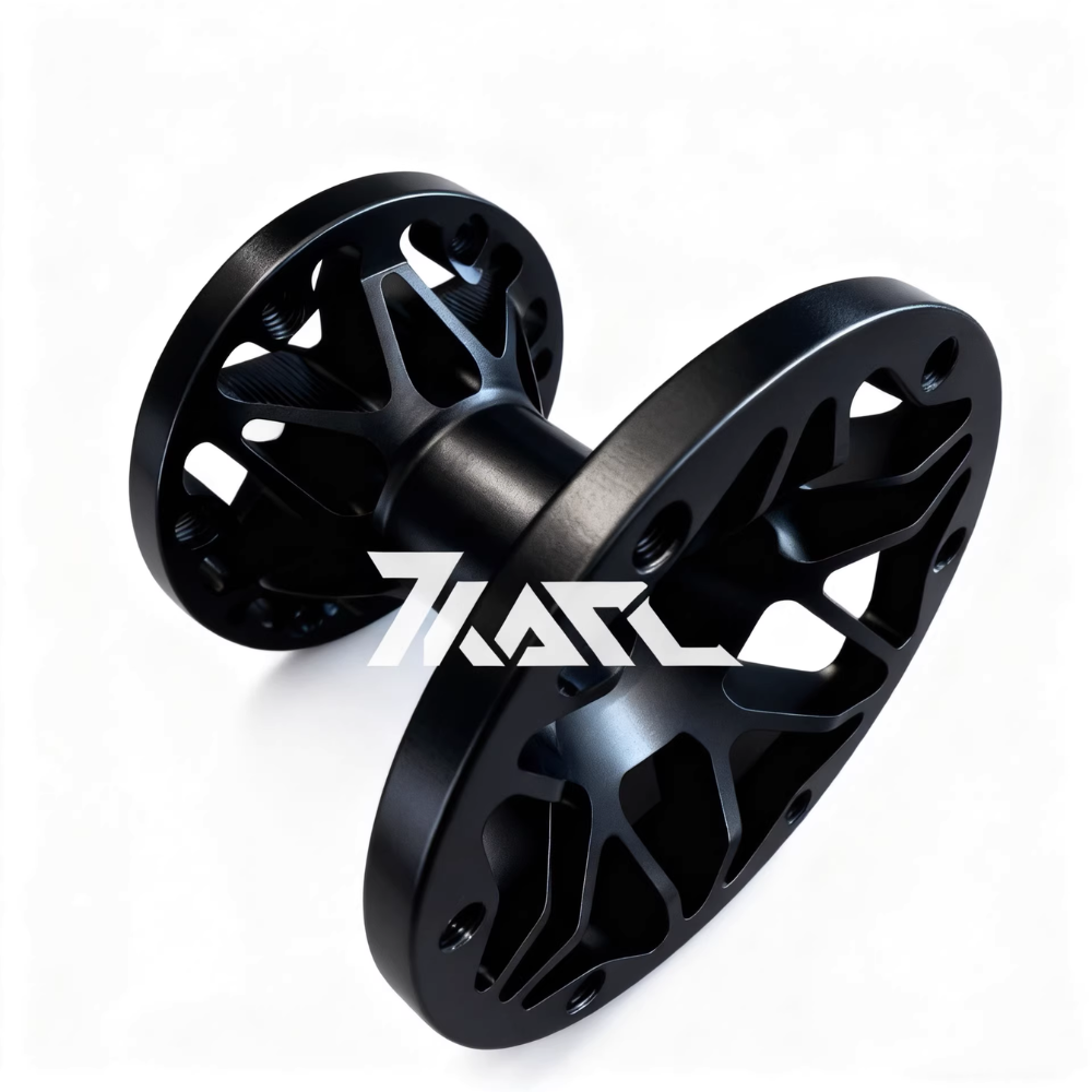 Bespoke black aluminum sim racing wheel hubs by IGNI RACING, sleek matte finish