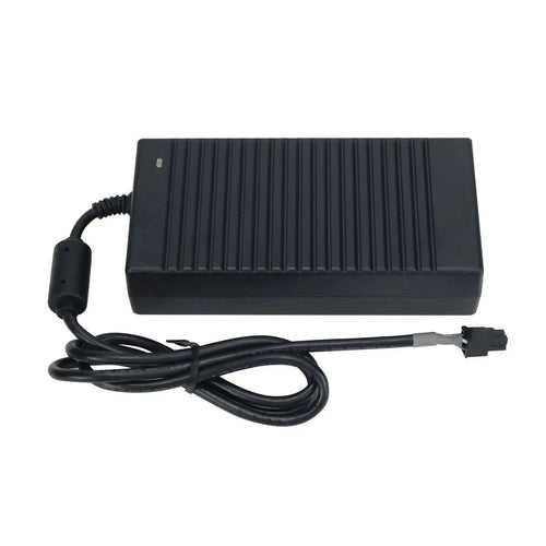 Black power adapter with a cable on a white background