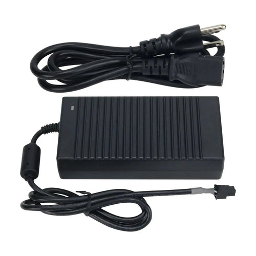 Black power adapter with a long cable on a white background