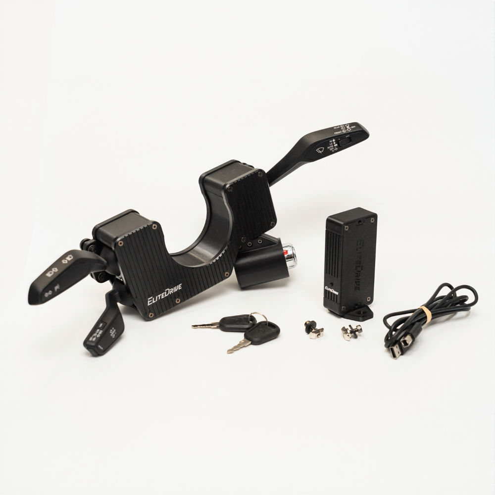 Black EliteDrive trucksim control stalks with accessories for sim racing