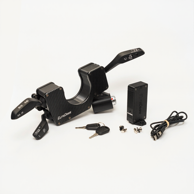 Black EliteDrive trucksim control stalks with accessories for sim racing