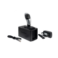 EliteDrive Trucksim Shifter with silver and black ergonomic handle, labeled R/N/D/M/S/L buttons, mounted on black base, includes power adapter and network cable for sim racing setups.
