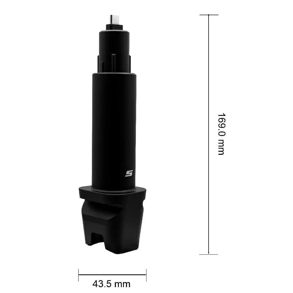 Black cylindrical tool with dimensions labeled on a white background