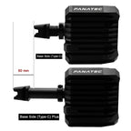 Two black dumbbells with 'Fanatec' branding and measurements on a white background