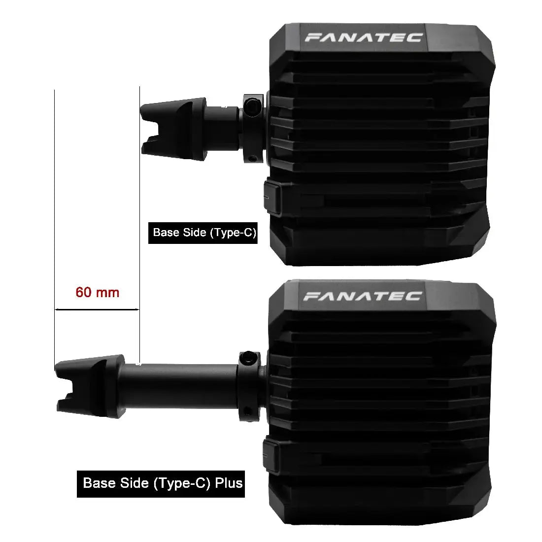 Two black dumbbells with 'Fanatec' branding and measurements on a white background