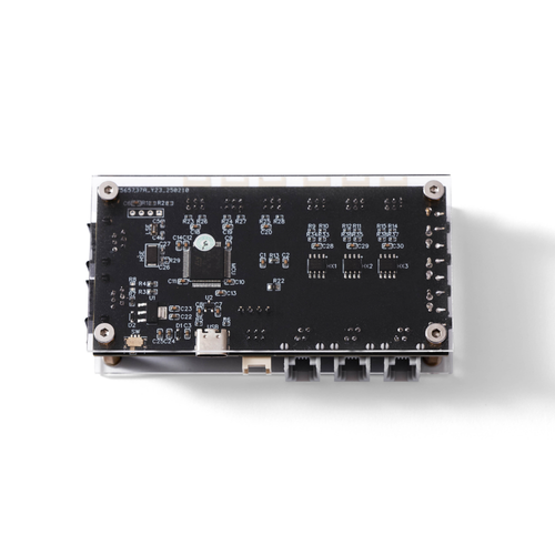 Pedal control box for Fanatec/Thrustmaster wheel bases with black circuit board and clear enclosure