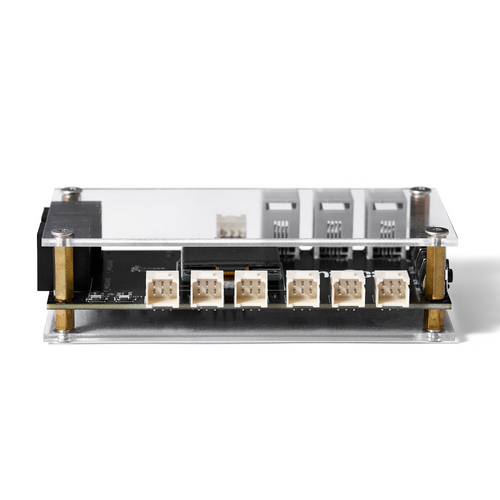 Pedal control box underside with clear acrylic cover and brass mounting posts