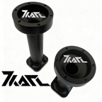 Two black anodized aluminum KARL Extenders for Simucube 3, cylindrical with mounting holes and branded logo, designed for sim racing setups.