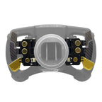 Close-up of a steering wheel with carbon fiber and gold accents on a white background
