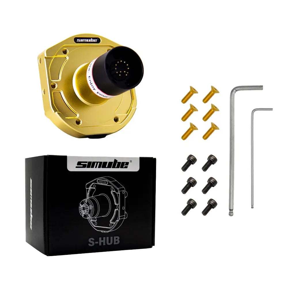 Yellow S-HUB component with screws and tool on a white background