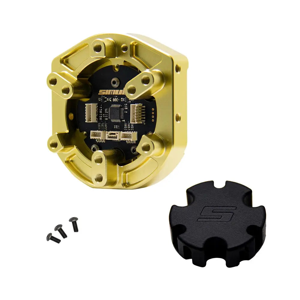 Gold electronic component with screws and a black cap on a white background