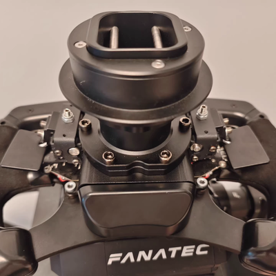 IGNI RACING black QR2 adapter mounted on Fanatec sim racing wheel base