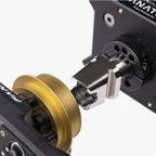 QR2 Pro adapter hub installed between a Fanatec Podium DD1 wheelbase and a Fanatec wheel, demonstrating a secure, precision connection