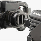 R2 Pro adapter hub in all-black finish, installed on a Fanatec wheel and connecting to a wheelbase