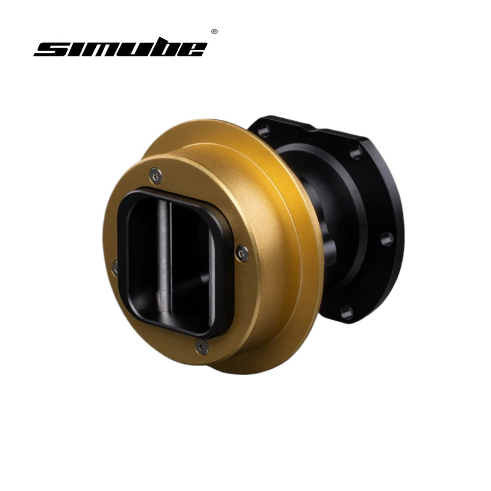 A quick release hub in a gold and black anodized finish, showing the wheel-side part