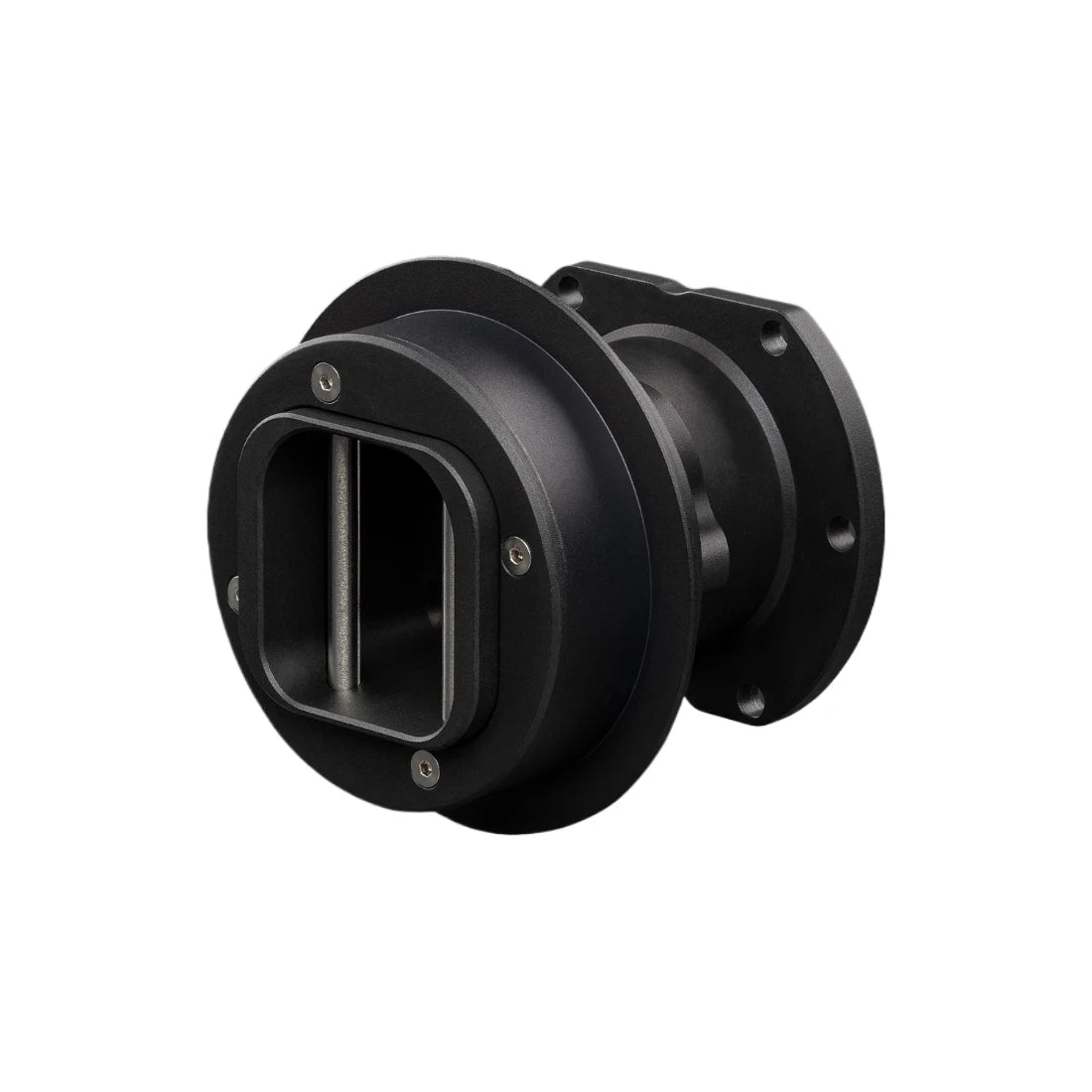 A quick release hub in a black anodized finish, showing the wheel-side part