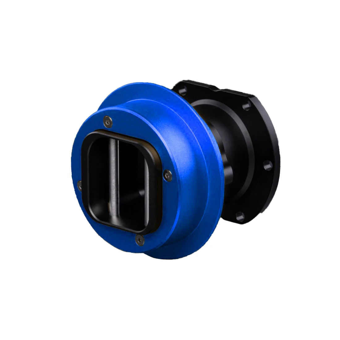 A quick release hub in a blue and black anodized finish, showing the wheel-side part