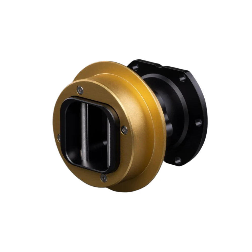 A quick release hub in a gold and black anodized finish, showing the wheel-side part