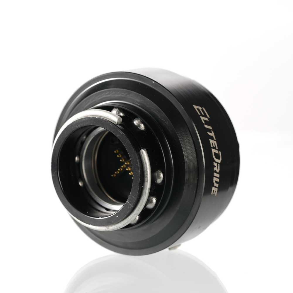 Black EliteDrive shaft extension adapter for Moza with metallic components, sim racing accessory