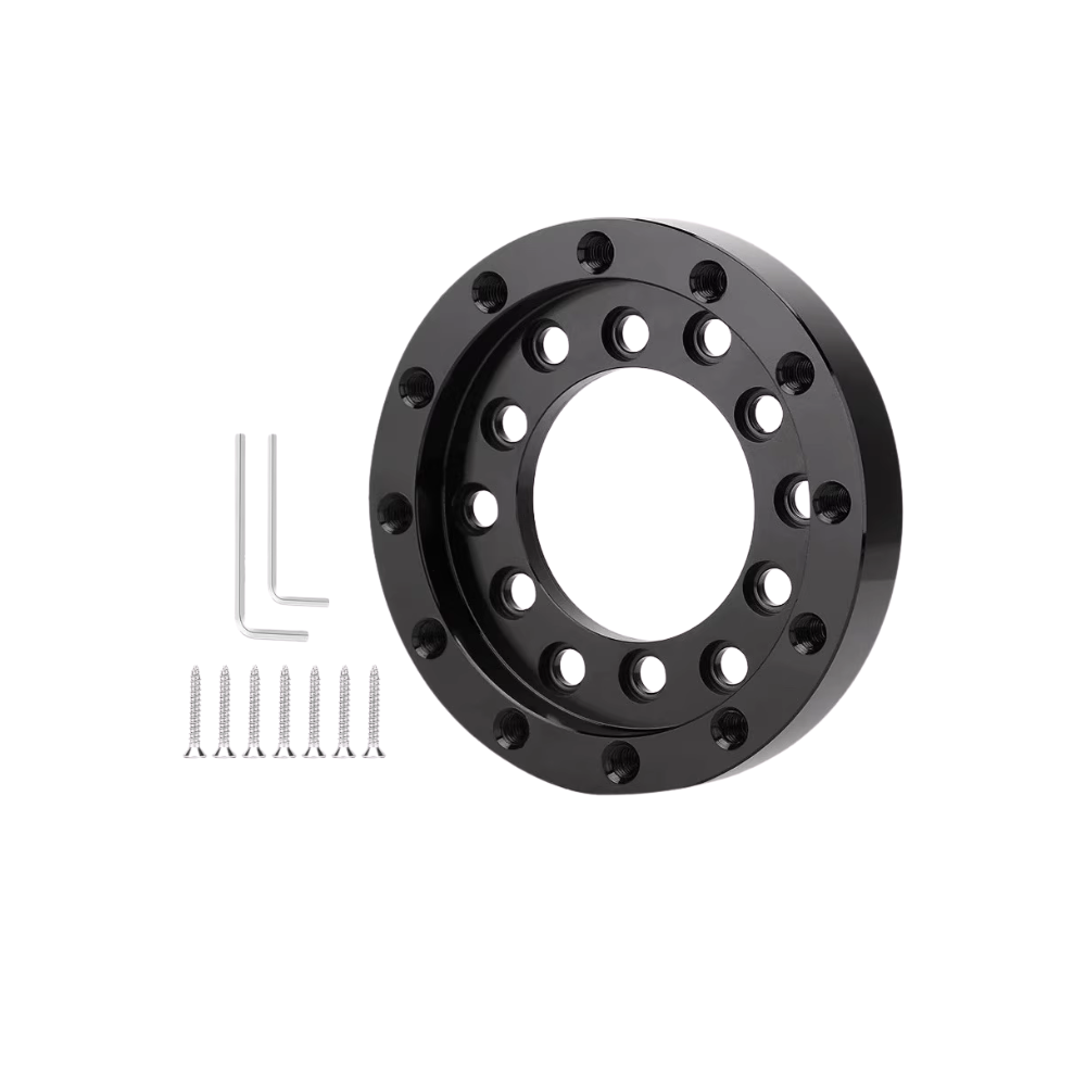 Black steering wheel adapter with mounting holes, screws, hex keys for Logitech G25/G27 sim racing