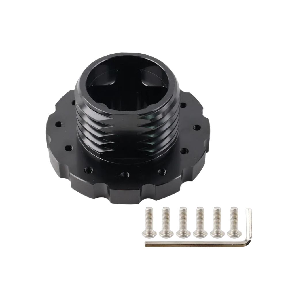 Black metal steering wheel adapter for Thrustmaster with threaded central section, fluted base with screw holes, and included six silver screws plus Allen key.