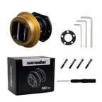 QR2 Pro Wheel-Side kit, showing the gold and black hub, branded packaging, mounting screws, hex keys, and a screwdriver