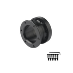 Black metal universal steering wheel spacer with circular design, multiple mounting holes, and included screws and Allen key for sim racing setups.