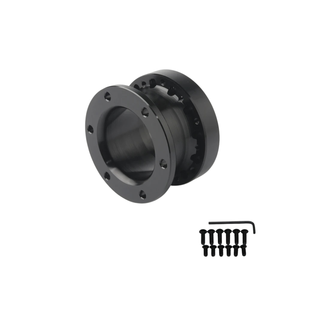 Black metal universal steering wheel spacer with circular design, multiple mounting holes, and included screws and Allen key for sim racing setups.