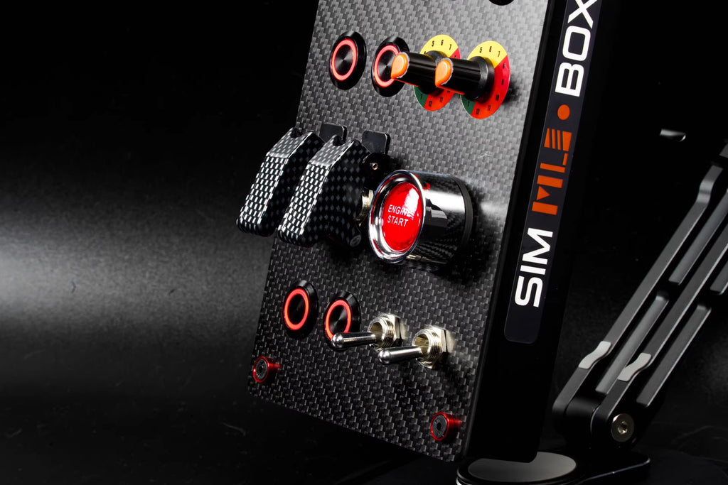 SimNanmu Button Box with carbon fiber panel, red-illuminated buttons, toggle switches, engine start button, and color-coded dials for sim racing setups.