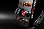 SimNanmu Button Box with carbon fiber panel, red-illuminated buttons, toggle switches, engine start button, and color-coded dials for sim racing setups.