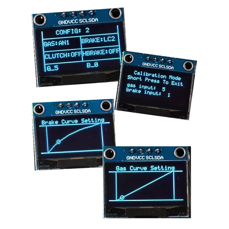 Four blue LCD displays showing gas/brake settings for sim racing pedals