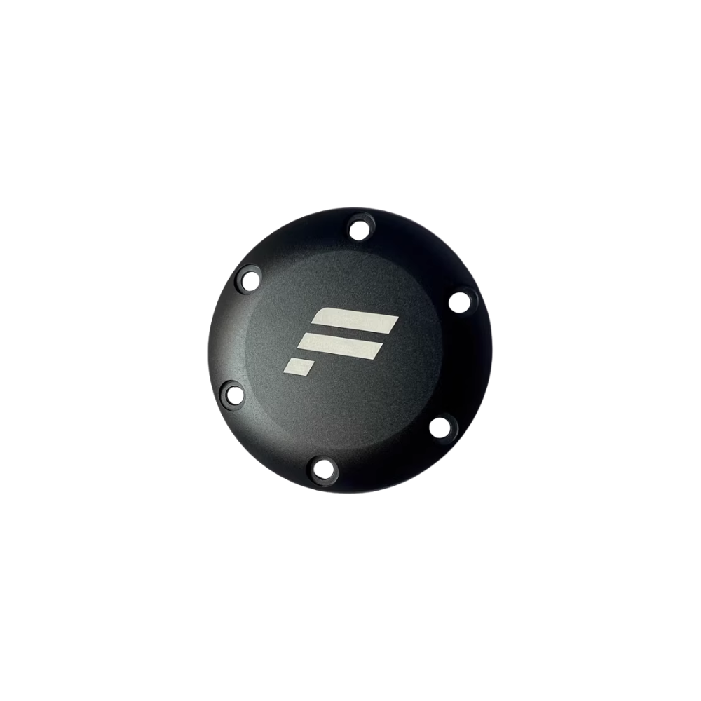 Black custom horn button cap with silver logo for sim racing accessories by IGNI RACING